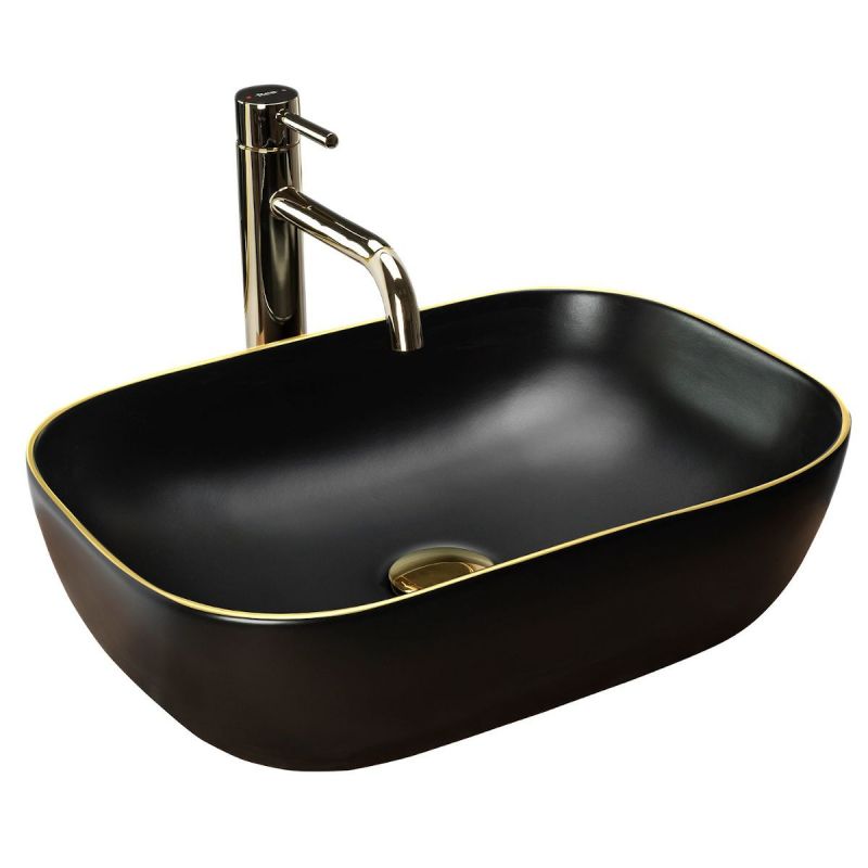 Lavoar REA Belinda Black Matt Gold Edge, Negru, mat, 46.5x33 cm, montaj pe blat, ceramica sanitara