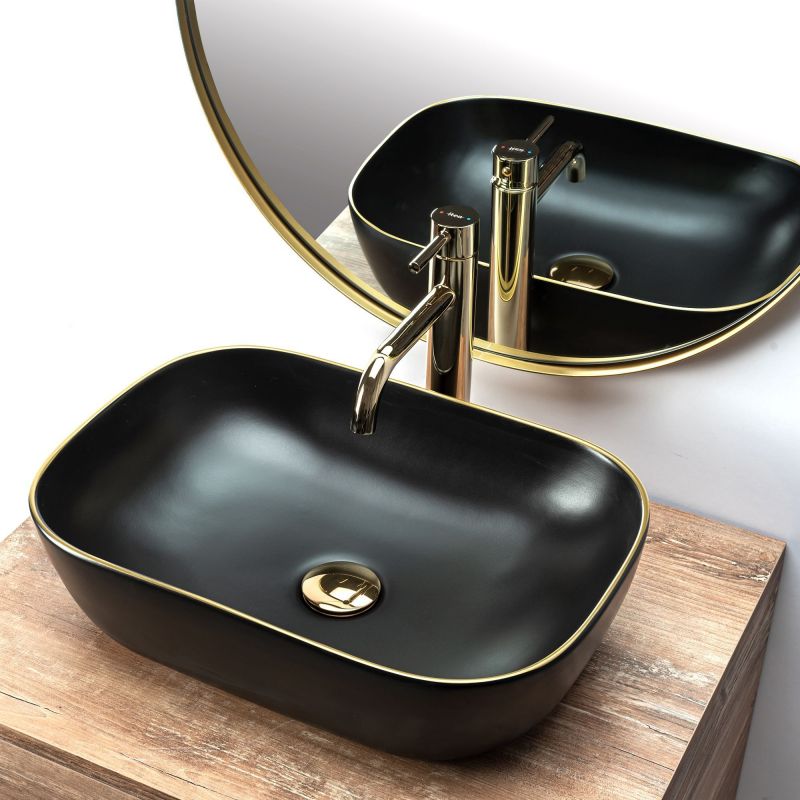 Lavoar REA Belinda Black Matt Gold Edge, Negru, mat, 46.5x33 cm, montaj pe blat, ceramica sanitara