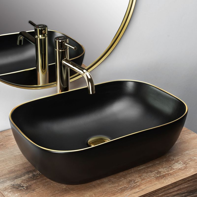 Lavoar REA Belinda Black Matt Gold Edge, Negru, mat, 46.5x33 cm, montaj pe blat, ceramica sanitara