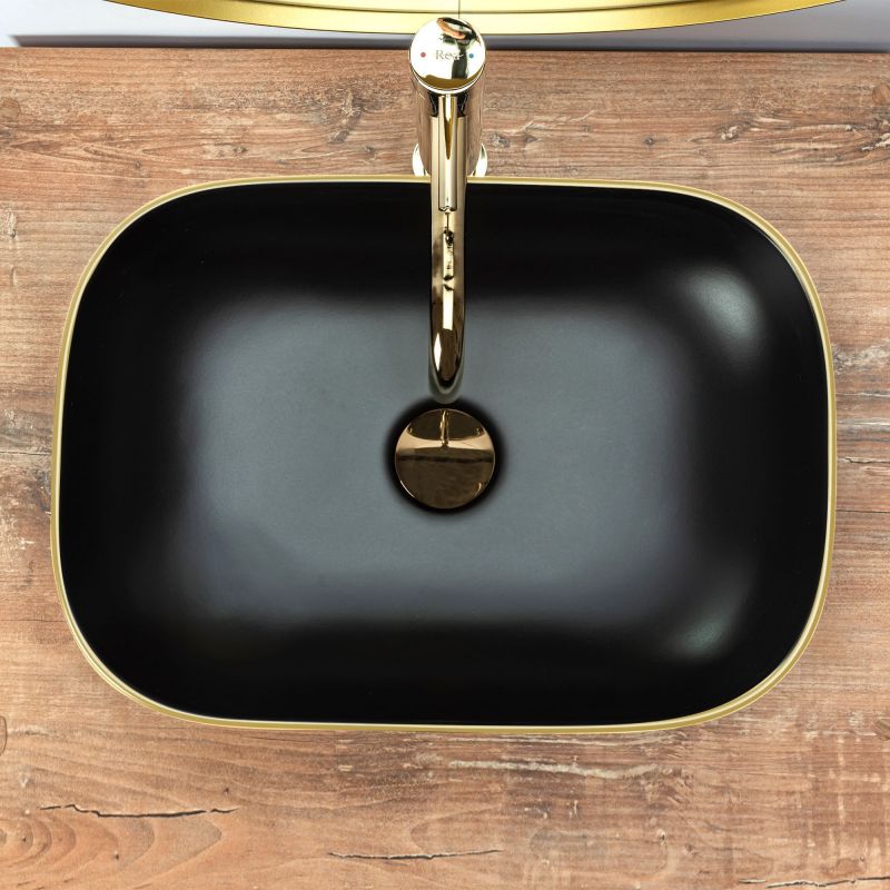 Lavoar REA Belinda Black Matt Gold Edge, Negru, mat, 46.5x33 cm, montaj pe blat, ceramica sanitara