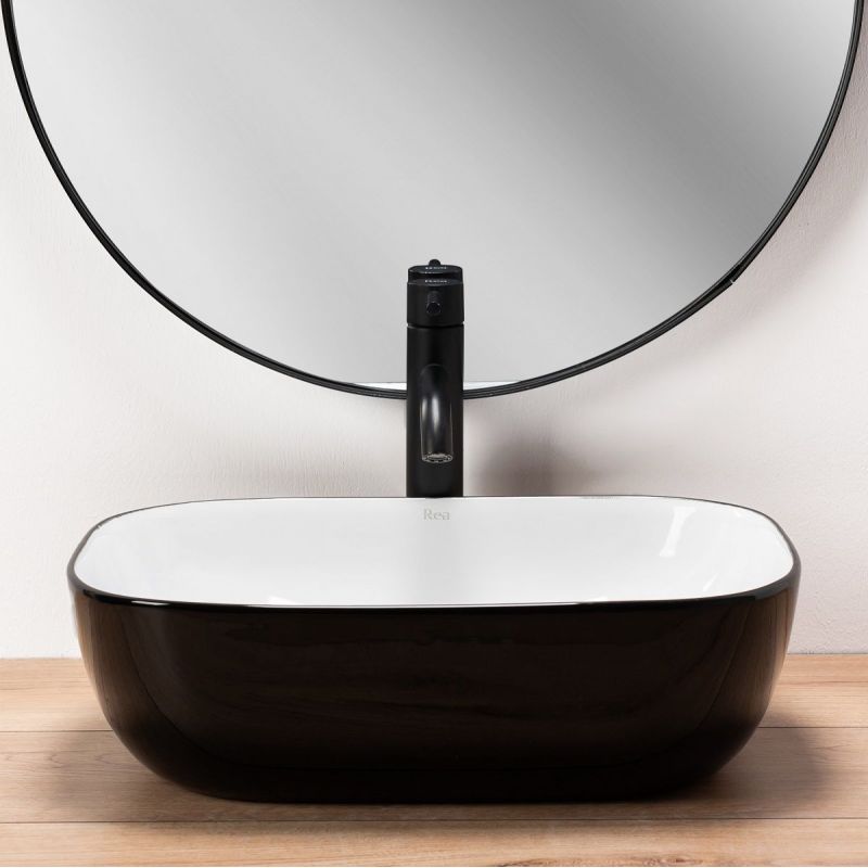 Lavoar REA Belinda, Negru Alb, lucios, 46,5x33 cm, montaj pe blat, ceramica sanitara