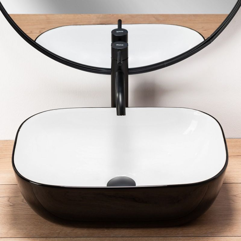 Lavoar REA Belinda, Negru Alb, lucios, 46,5x33 cm, montaj pe blat, ceramica sanitara