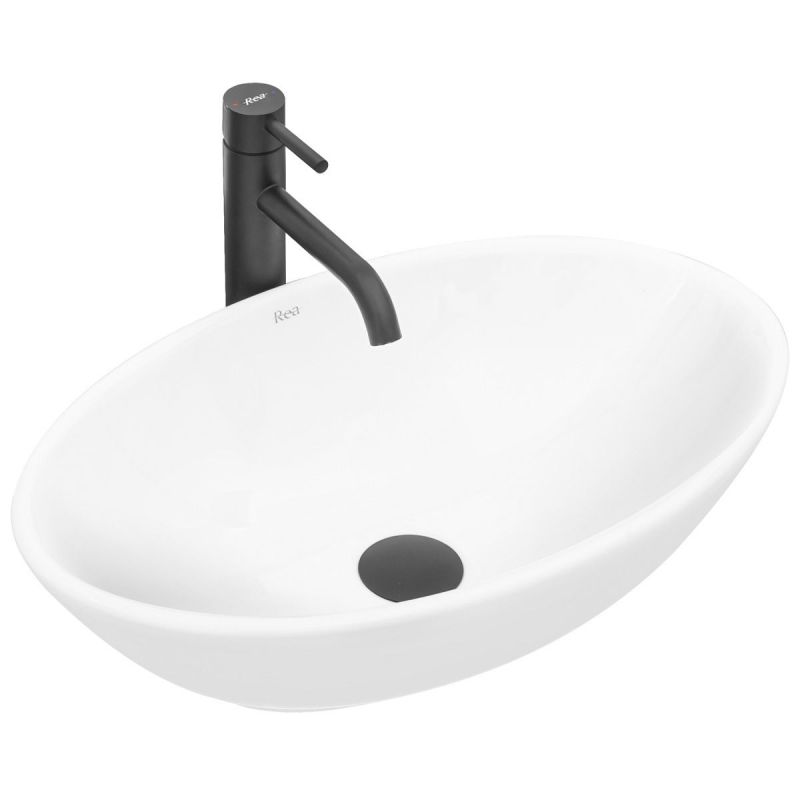 Lavoar REA Pamela, Alb, lucios, 53x33 cm, montaj pe blat, ceramica sanitara