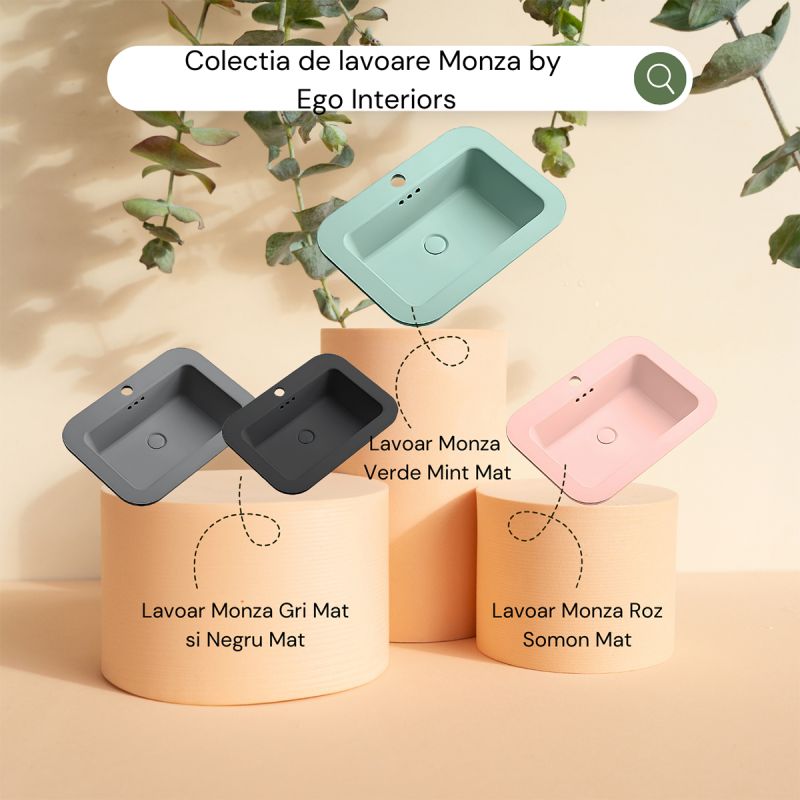 Lavoar, Roz Somon Mat, Power Color, montaj semi-incastrat, cu gaura de baterie, ceramica sanitara, 60x44 cm, Monza