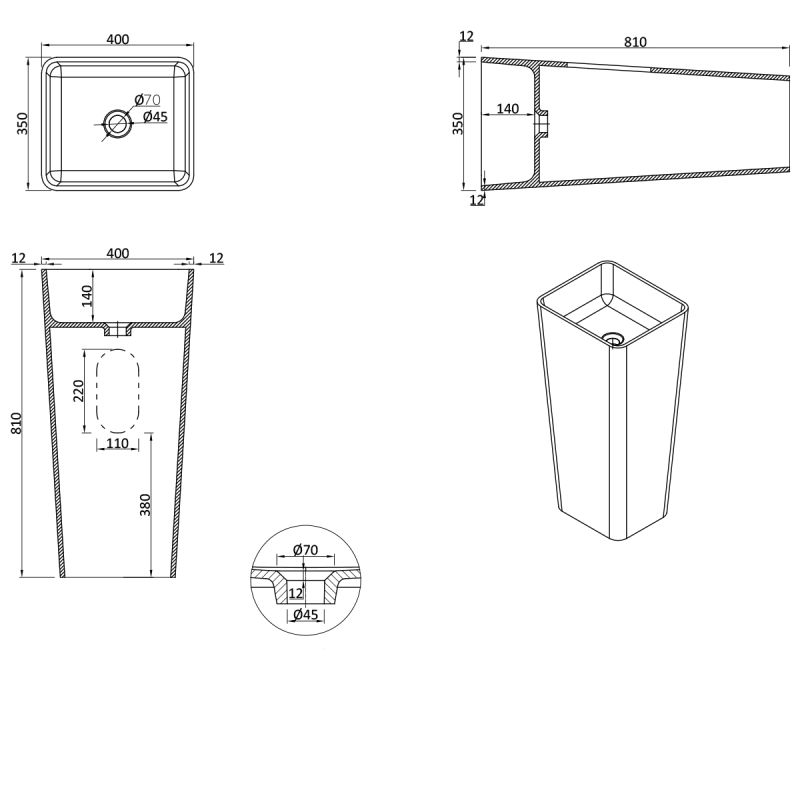 Lavoar stativ EGO 31, Alb lucios, 40x35x81 cm, montaj podea, compozit marmura