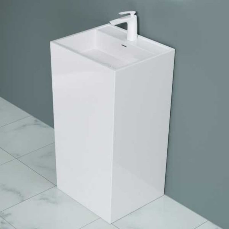 Lavoar stativ EGO 34, Alb, lucios, 50x42x90 cm, montaj podea, compozit marmura, cu gaura baterie si preaplin