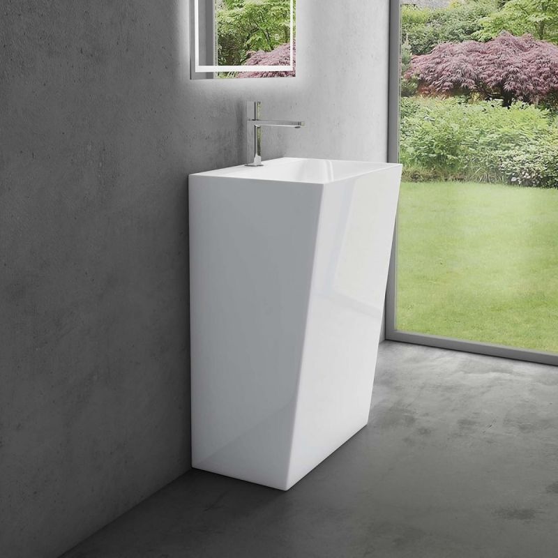 Lavoar stativ EGO 40, Alb Lucios, 55x42x85 cm, montaj pe podea, compozit de marmura, cu gaura baterie