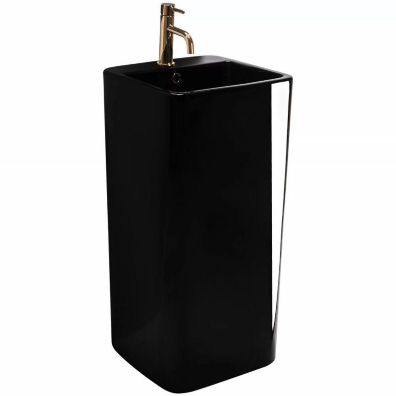 Lavoar stativ freestanding, Negru Lucios, 40x40x84 cm, cu gaura de baterie, montaj pe podea, ceramica sanitara, Bufon