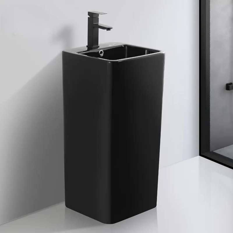 Lavoar stativ freestanding, Negru Lucios, 40x40x84 cm, cu gaura de baterie, montaj pe podea, ceramica sanitara, Bufon