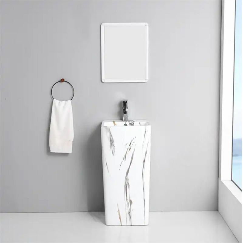 Lavoar stativ Imola Marble, cu gaura de baterie, 40x40x85 cm, montaj pe podea, ceramica sanitara