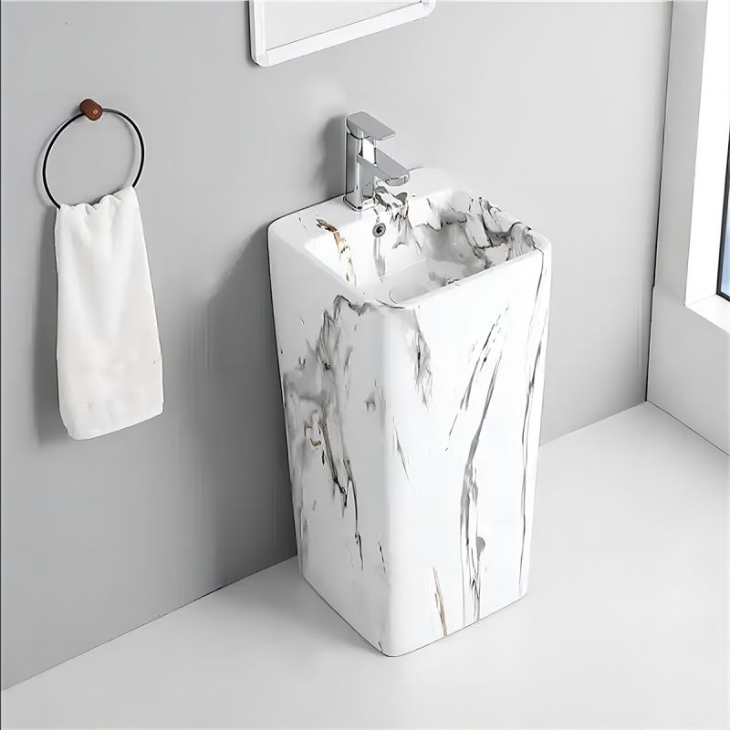 Lavoar stativ Imola Marble, cu gaura de baterie, 40x40x85 cm, montaj pe podea, ceramica sanitara