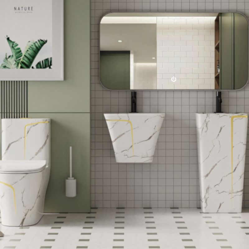 Lavoar stativ Lazio Marble, 43x35x85 cm, montaj pe podea, cu gaura de baterie, ceramica sanitara, Royalty Line by Ego