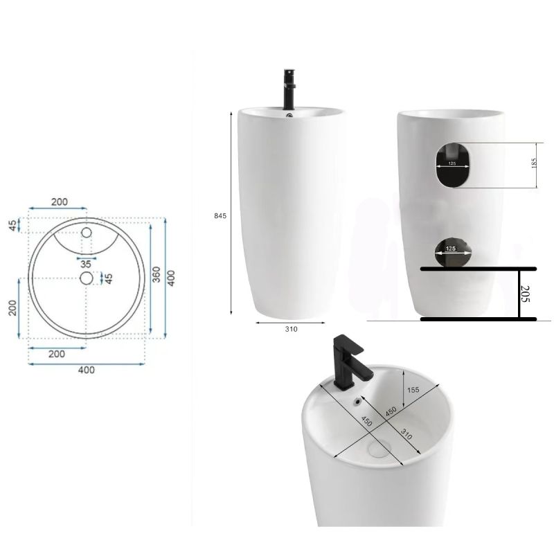 Lavoar stativ, Power Color, Negru Mat exterior si interior, 45x45x84 cm,  ceramica sanitara, Fida