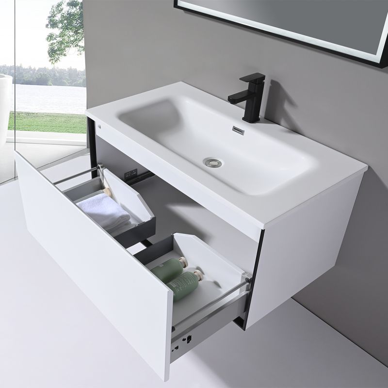 Mobilier baie cu lavoar din compozit corian, iluminare cu banda Led, inchidere Soft Close, dimensiune : 90x52 cm, Halo