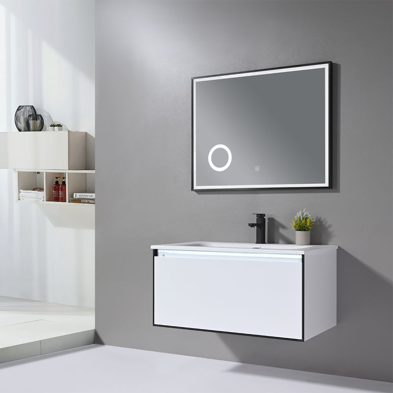 Mobilier baie cu lavoar din compozit corian, iluminare cu banda Led, inchidere Soft Close, dimensiune : 90x52 cm, Halo