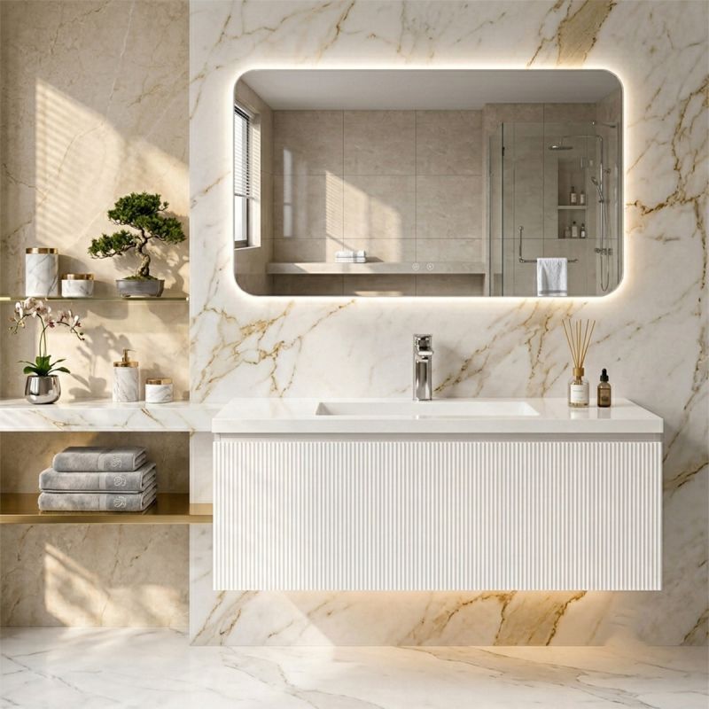 Mobilier baie din Mdf, front cu design riflat, lavoar din compozit, inchidere Soft-Close, 120x46x49 cm, Alb, Evo