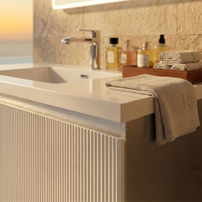 Mobilier baie din Mdf, front cu design riflat, lavoar din compozit, inchidere Soft-Close, 120x46x49 cm, Alb, Evo