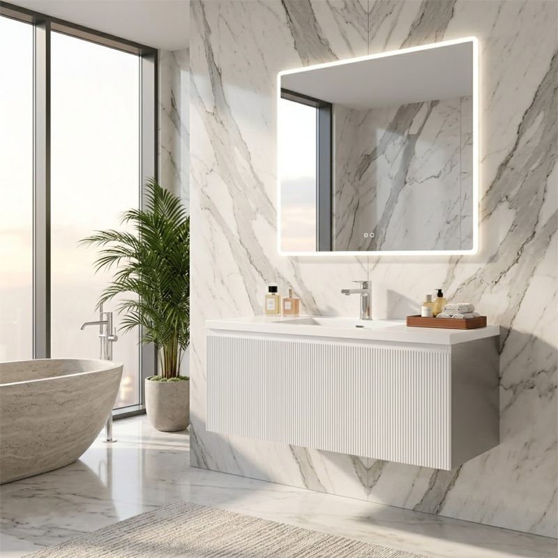 Mobilier baie din Mdf, front cu design riflat, lavoar din compozit, inchidere Soft-Close, 120x46x49 cm, Alb, Evo