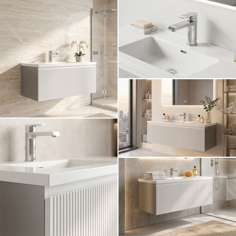 Mobilier baie din Mdf, front cu design riflat, lavoar din compozit, inchidere Soft-Close, 120x46x49 cm, Alb, Evo
