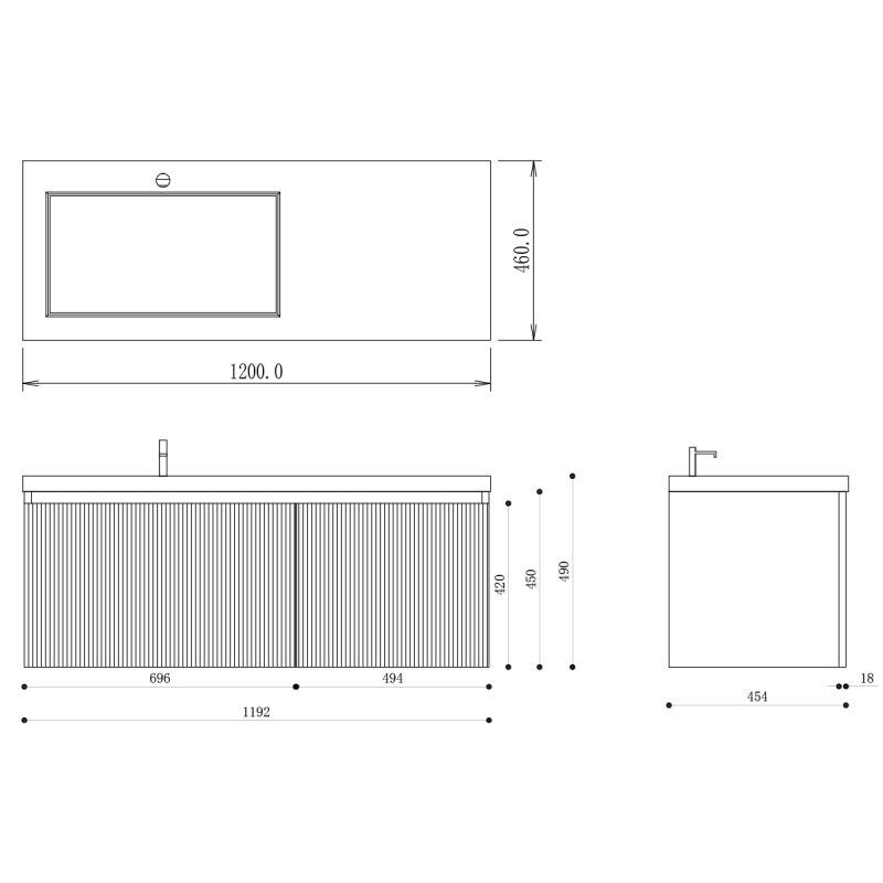 Mobilier baie din Mdf, front cu design riflat, lavoar din compozit, inchidere Soft-Close, 120x46x49 cm, Alb, Evo