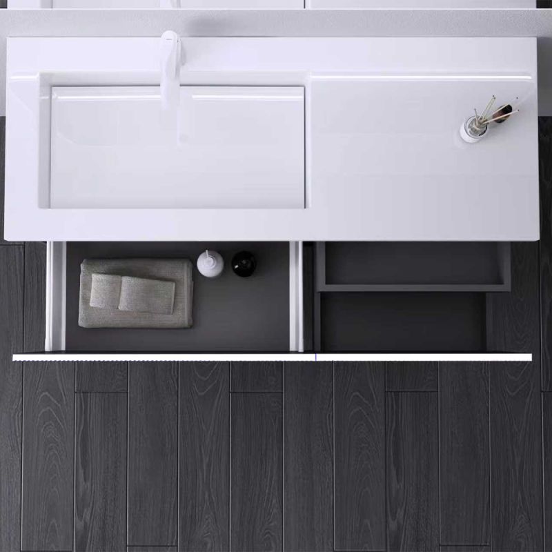 Mobilier baie din Mdf, front cu design riflat, lavoar din compozit, inchidere Soft-Close, 120x46x49 cm, Alb, Evo