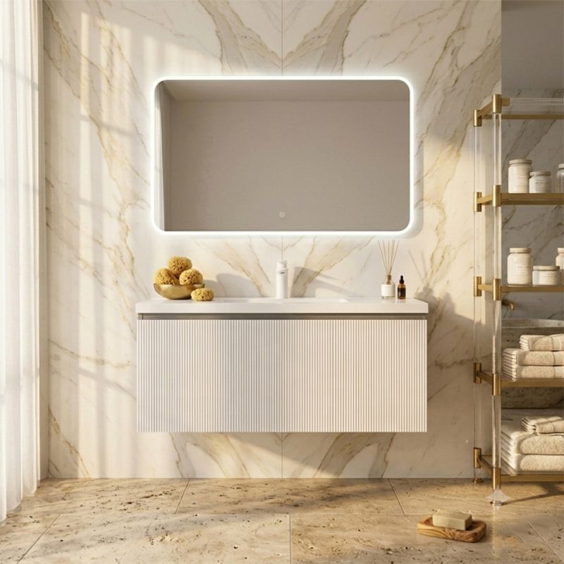 Mobilier baie din Mdf, front cu design riflat, lavoar din compozit, inchidere Soft-Close, 120x46x49 cm, Alb, Evo