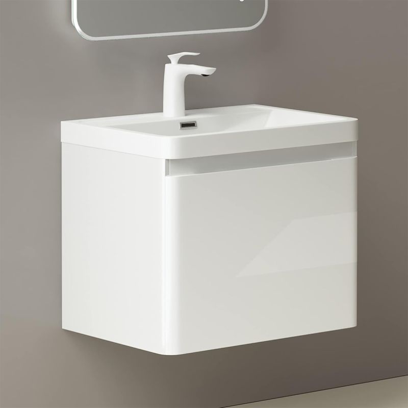 Mobilier baie din Mdf vopsit, lavoar din compozit, inchidere Soft-Close, 60x42x50 cm, Alb Lucios, Verona
