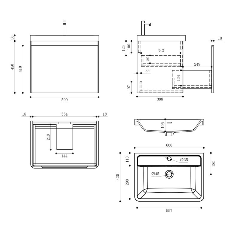 Mobilier baie din Mdf vopsit, lavoar din compozit, inchidere Soft-Close, 60x42x50 cm, Alb Lucios, Verona