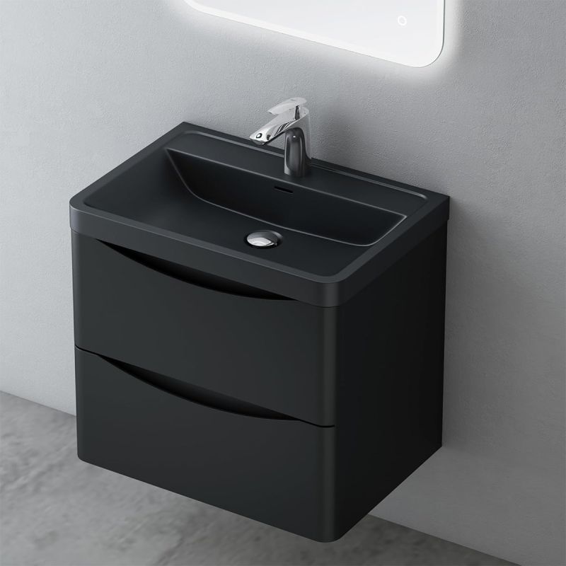 Mobilier baie, Mdf vopsit, lavoar din compozit, separatoare sertare, Soft-Close, dimensiune de 60 sau 90 cm, Negru Mat, Trieste