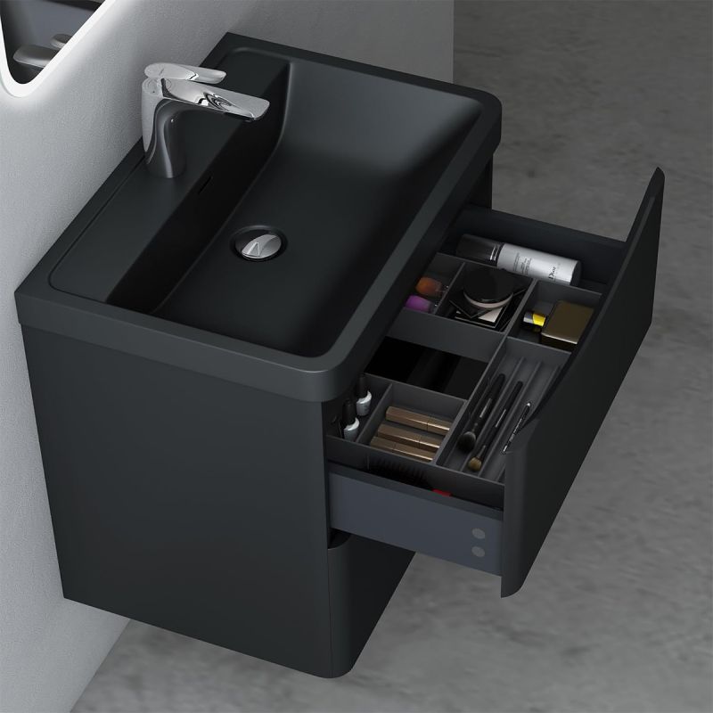 Mobilier baie, Mdf vopsit, lavoar din compozit, separatoare sertare, Soft-Close, dimensiune de 60 sau 90 cm, Negru Mat, Trieste