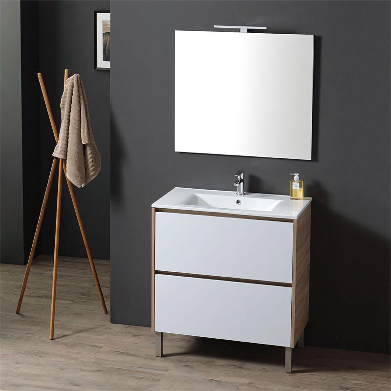 Mobilier de baie cu lavoar, Lemn stratificat, 80x46 cm, 2 sertare cu soft close, Alb Stejar, Costa