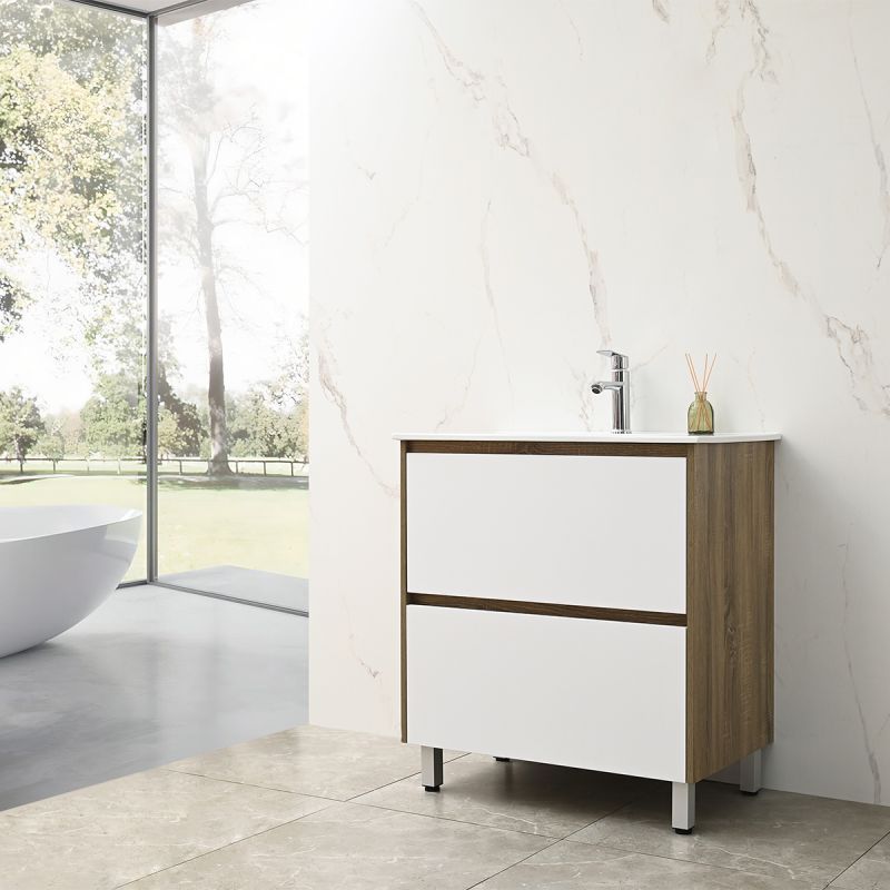 Mobilier de baie cu lavoar, Lemn stratificat, 80x46 cm, 2 sertare cu soft close, Alb Stejar, Costa