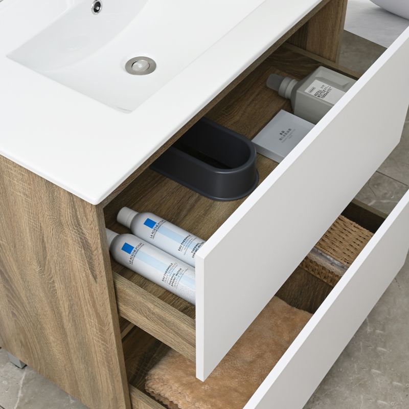 Mobilier de baie cu lavoar, Lemn stratificat, 80x46 cm, 2 sertare cu soft close, Alb Stejar, Costa