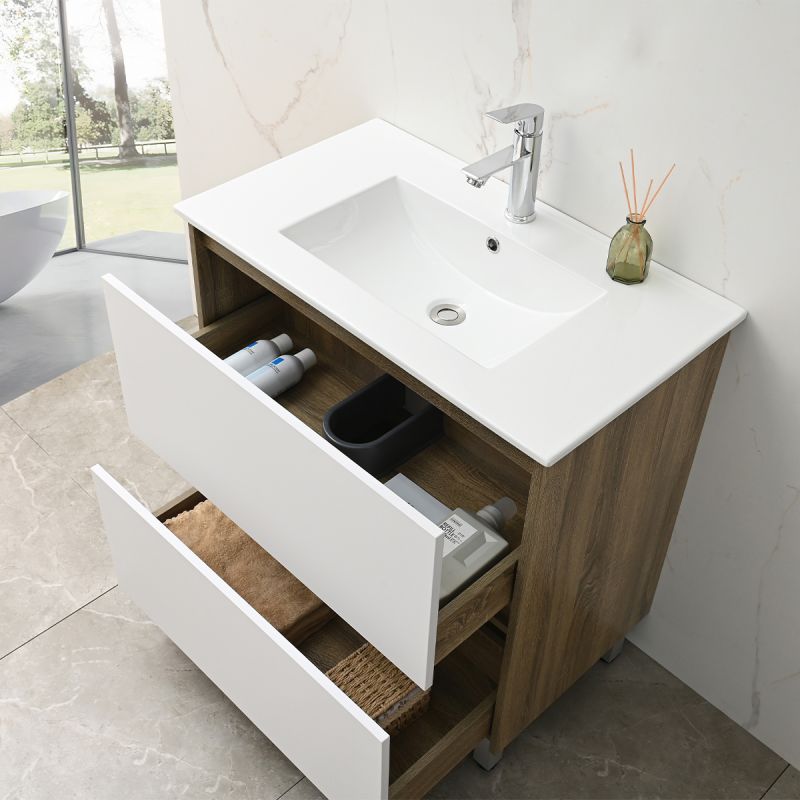 Mobilier de baie cu lavoar, Lemn stratificat, 80x46 cm, 2 sertare cu soft close, Alb Stejar, Costa