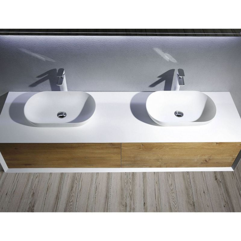 Mobilier de baie EGO-BELLA din compozit mineral cu doua lavoare, MDF, 180 x 55 cm, Alb Mat, Push to open