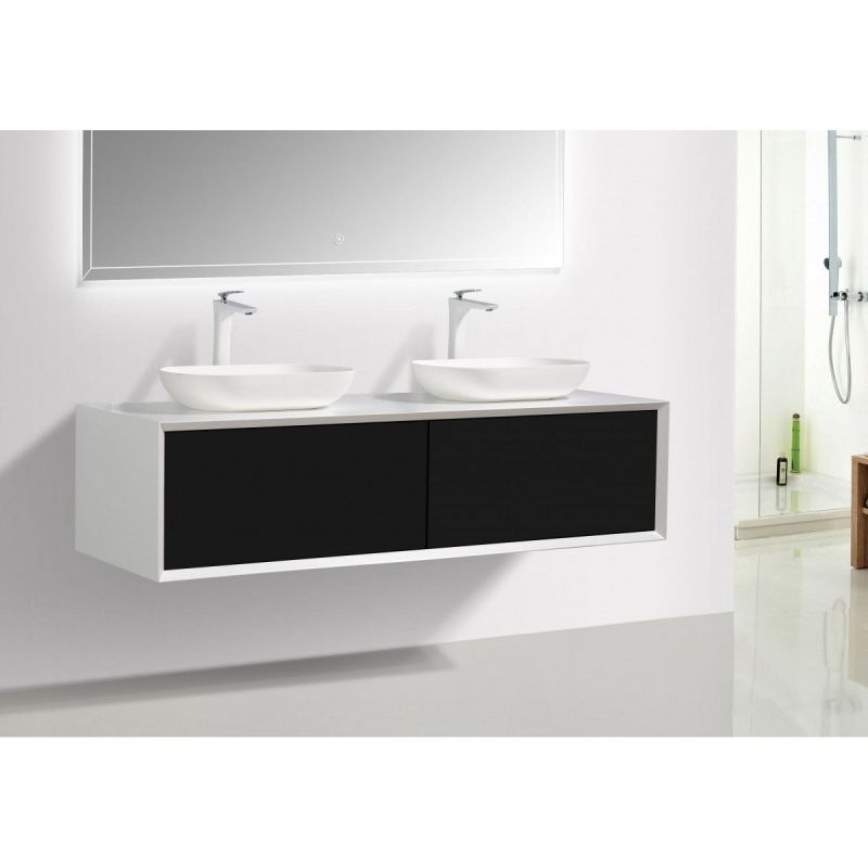 Mobilier de baie EGO-BELLA cu doua lavoare din compozit mineral, 180 x 55 cm, Negru Mat, sertar Push to open