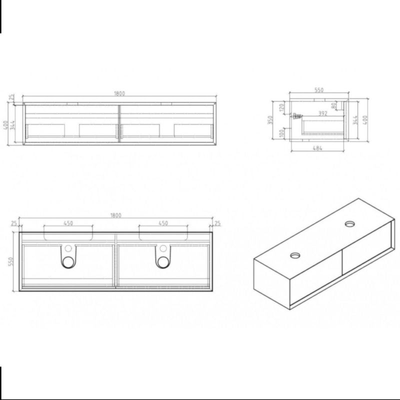 Mobilier de baie EGO-BELLA cu doua lavoare din compozit mineral, 180 x 55 cm, Negru Mat, sertar Push to open