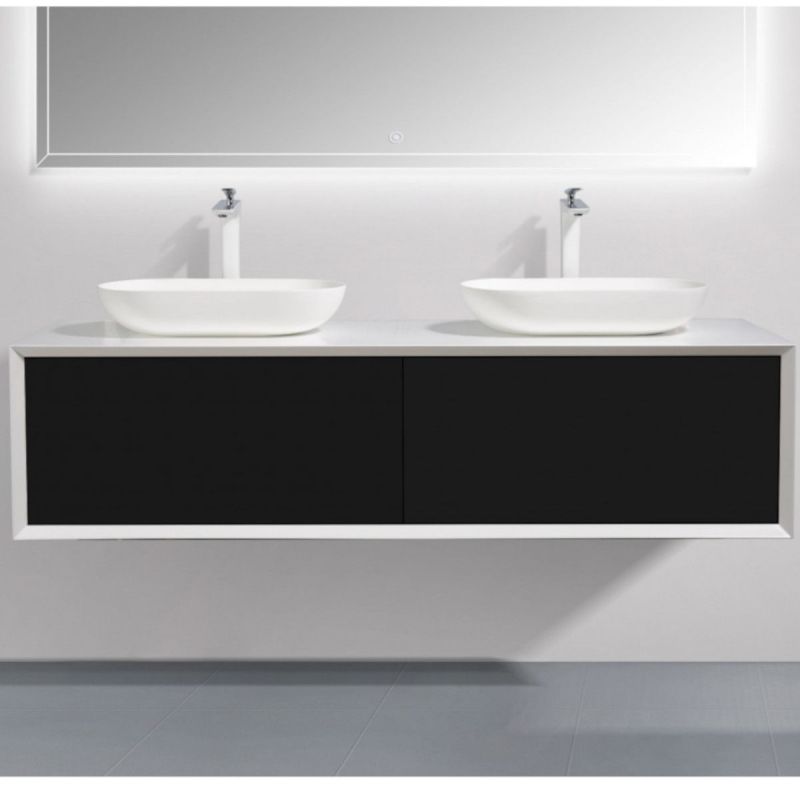 Mobilier de baie EGO-BELLA cu doua lavoare din compozit mineral, 180 x 55 cm, Negru Mat, sertar Push to open
