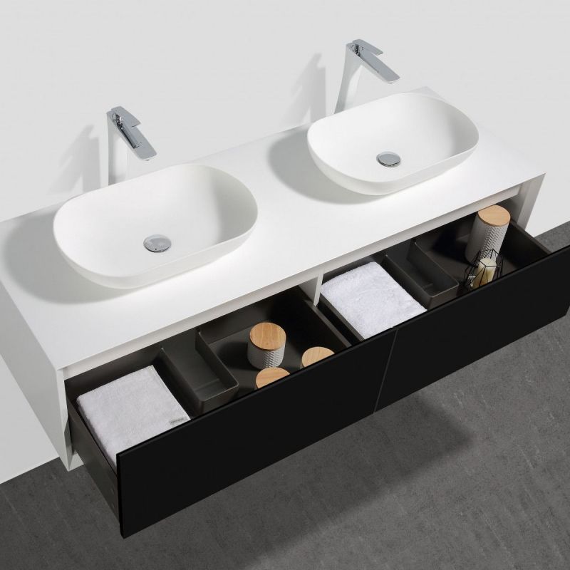 Mobilier de baie EGO-BELLA cu doua lavoare din compozit mineral, 180 x 55 cm, Negru Mat, sertar Push to open