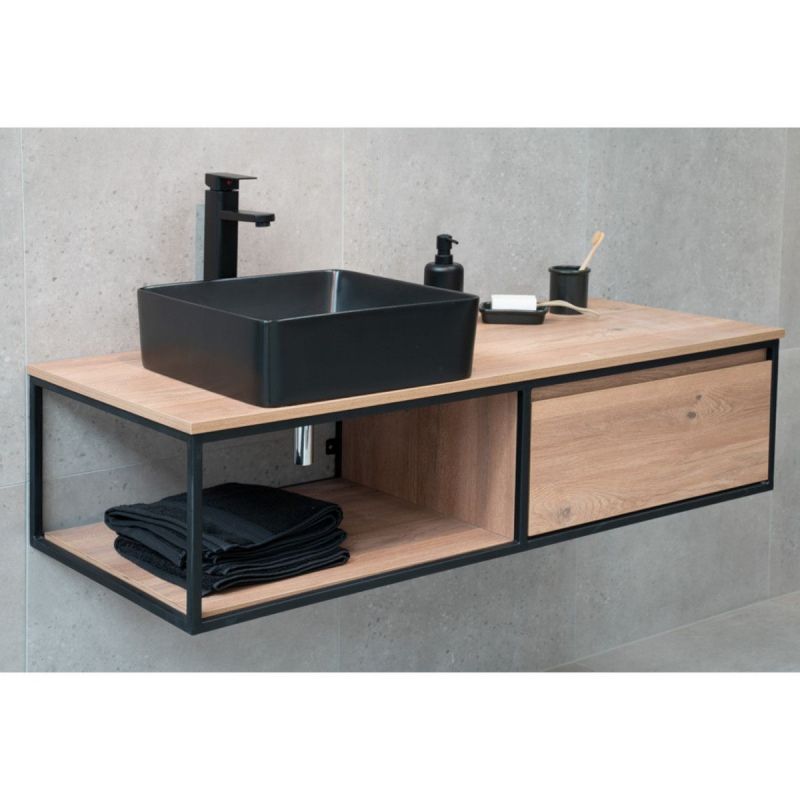 Mobilier de baie fara lavoar, MDF, cadru metal, 120 x 50 cm, sertar cu soft close, stejar