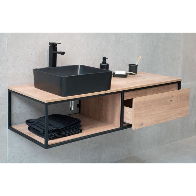 Mobilier de baie fara lavoar, MDF, cadru metal, 120 x 50 cm, sertar cu soft close, stejar
