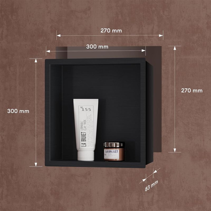 Nisa de dus, raft incastrat in perete, otel, 30x30 sau 60x30, Negru Mat, Flux