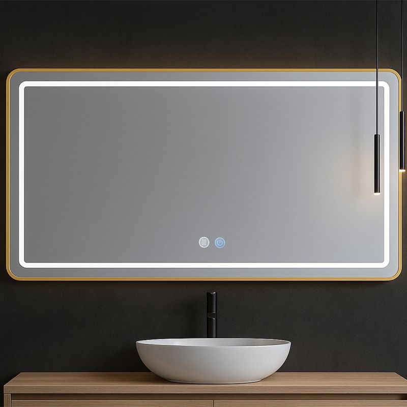 Oglinda Led, Cadru auriu, Dezaburire, Buton Touch, 3 Culori, Intensitate reglabila, dimensiuni 60-70x80-150 cm, Feliz