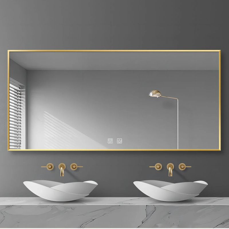 Oglinda Led, Cadru auriu, Dezaburire, Buton Touch, 3 Culori, Intensitate reglabila, dimensiuni 60-70x80-150 cm, Feliz
