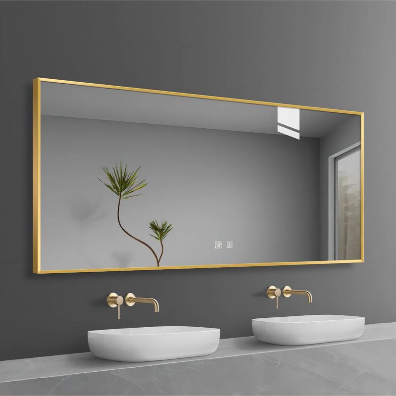 Oglinda Led, Cadru auriu, Dezaburire, Buton Touch, 3 Culori, Intensitate reglabila, dimensiuni 60-70x80-150 cm, Feliz