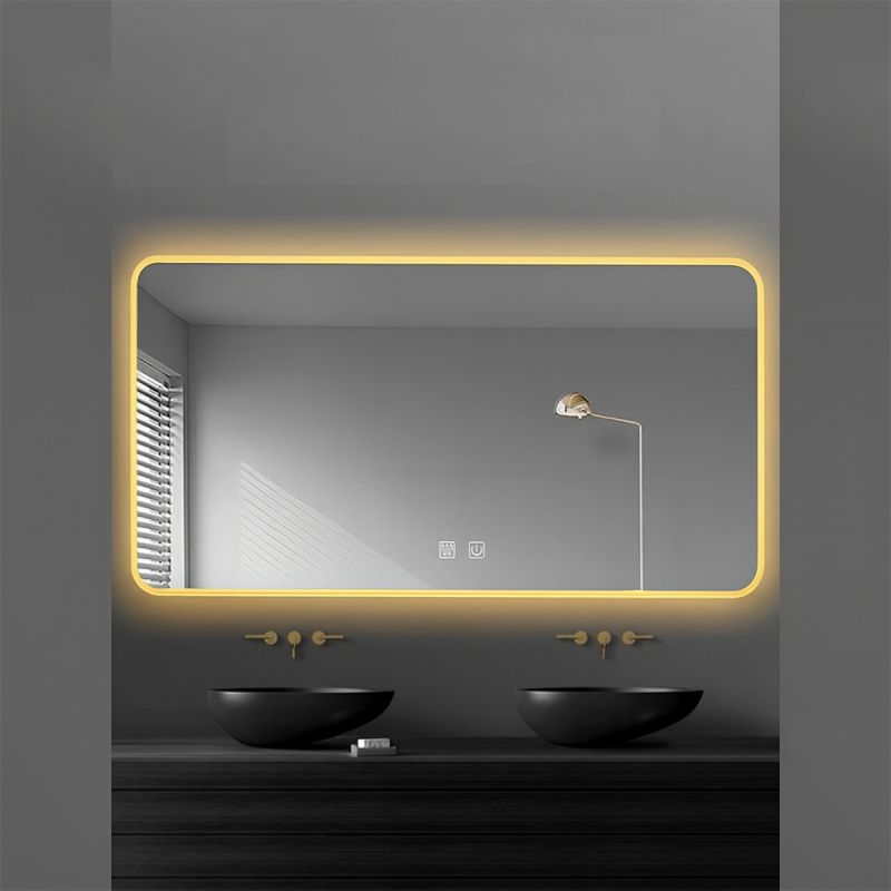 Oglinda Led, Cadru auriu, Dezaburire, Buton Touch, 3 Culori, Intensitate reglabila, dimensiuni 60-70x80-150 cm, Feliz