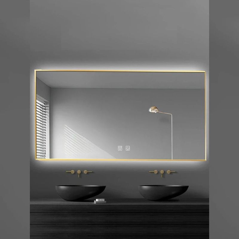 Oglinda Led, Cadru auriu, Dezaburire, Buton Touch, 3 Culori, Intensitate reglabila, dimensiuni 60-70x80-150 cm, Feliz