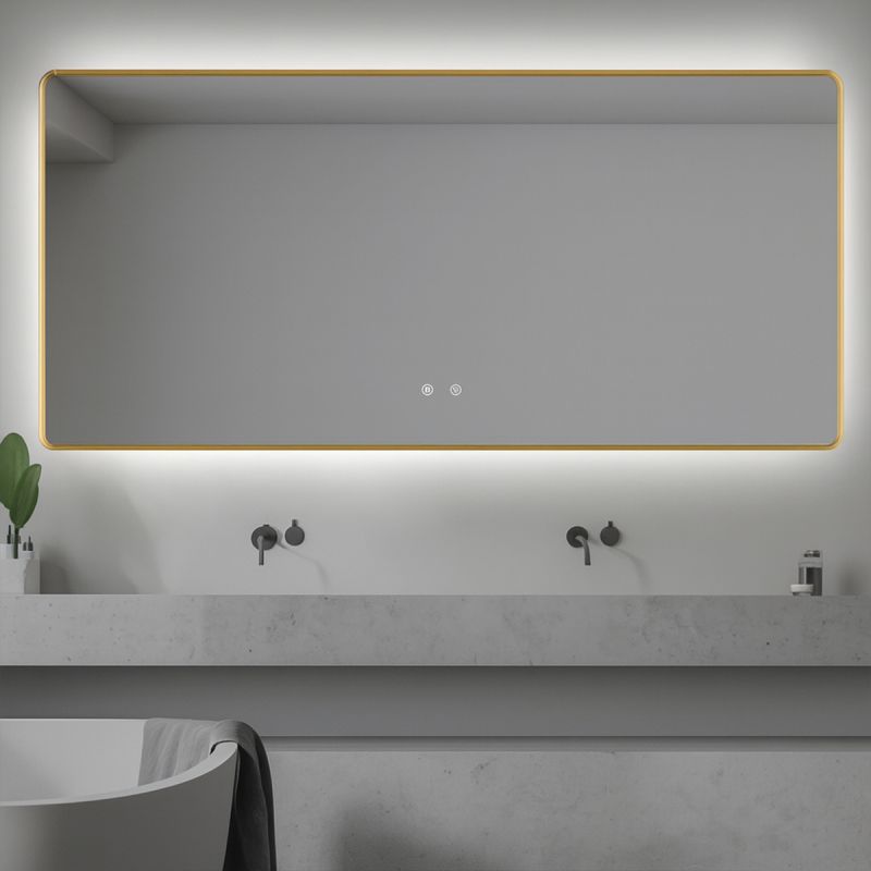 Oglinda Led, Cadru auriu, Dezaburire, Buton Touch, 3 Culori, Intensitate reglabila, dimensiuni 60-70x80-150 cm, Feliz