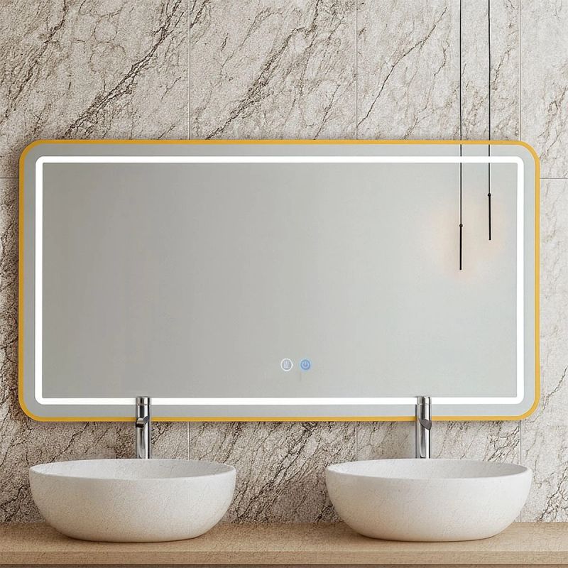 Oglinda Led, Cadru auriu, Dezaburire, Buton Touch, 3 Culori, Intensitate reglabila, dimensiuni 60-70x80-150 cm, Feliz