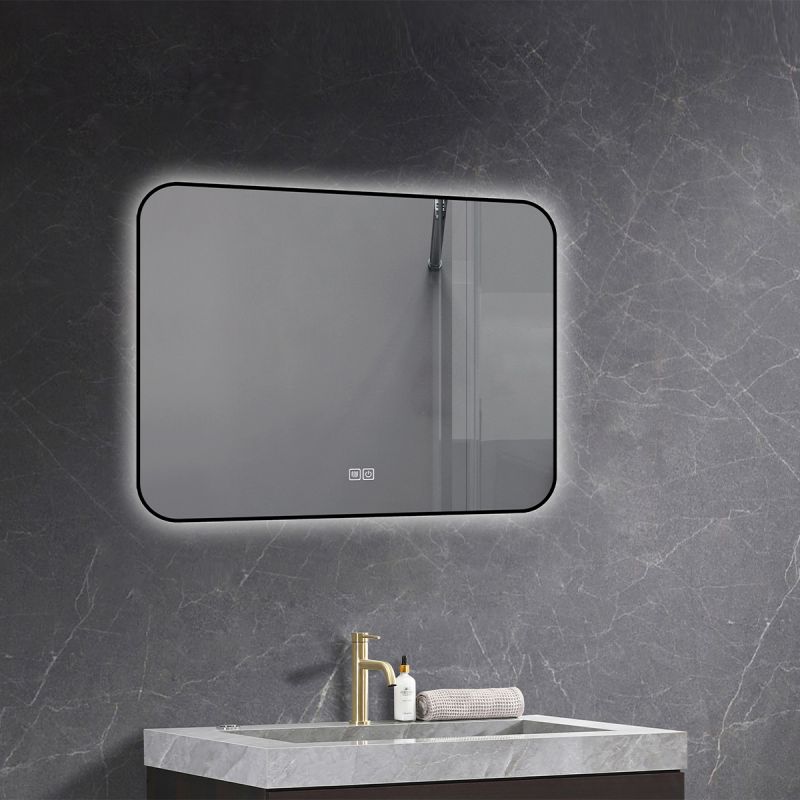 Oglinda Led, Cadru negru, Dezaburire, Buton Touch, 3 Culori, Intensitate reglabila, dimensiuni 60-70x80-90-150 cm, Feliz